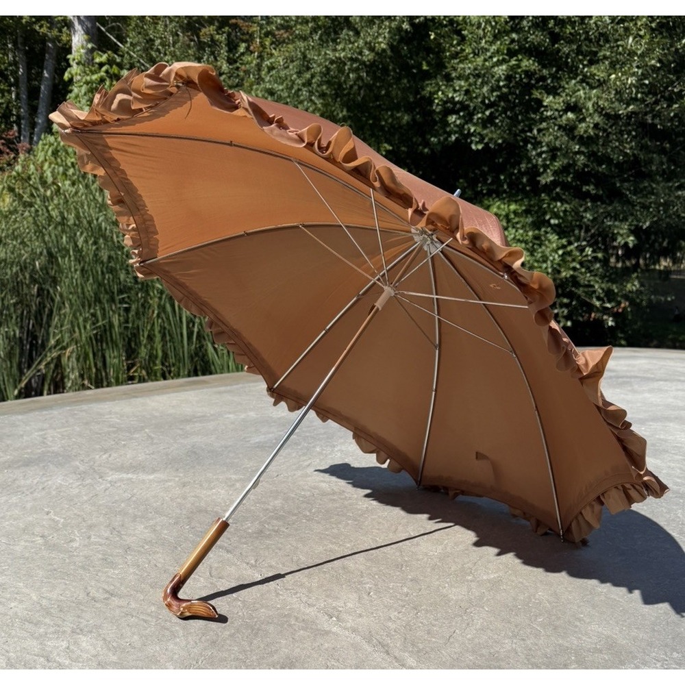 Vintage Dusty Rose Ruffled Parasol Umbrella Decorative Victorian Style Duck